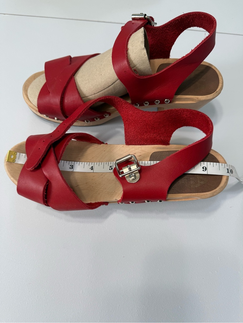 Mia Gertrude Red Leather Swedish Wooden Clog Sandals Open Toe Ankle Strap Sz 39 - Picture 14 of 16